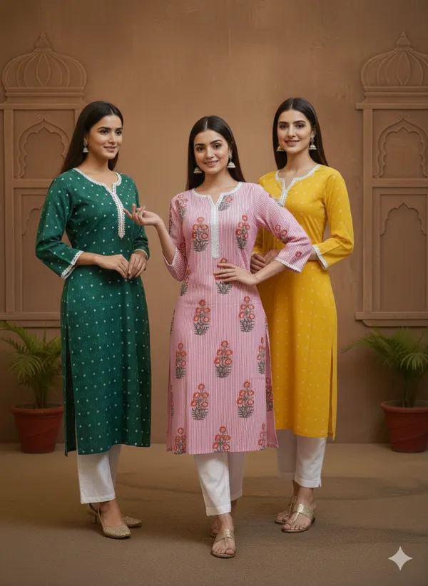 Womens_Pack_Of_3_Printed_Cotton_Straight_Kurtas_Set_�_Teal_Green,_Floral_Pink,_And_Mustard_Yellow