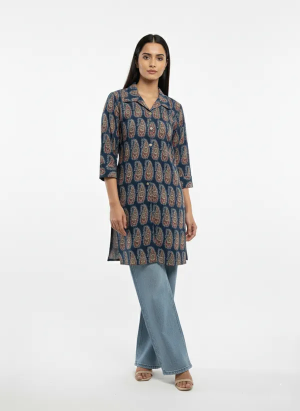 Indigo_Printed_Short_Kuti_With_Collar