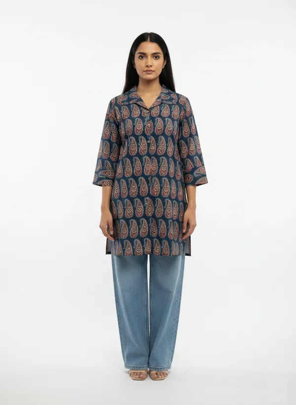 Indigo_Printed_Short_Kuti_With_Collar