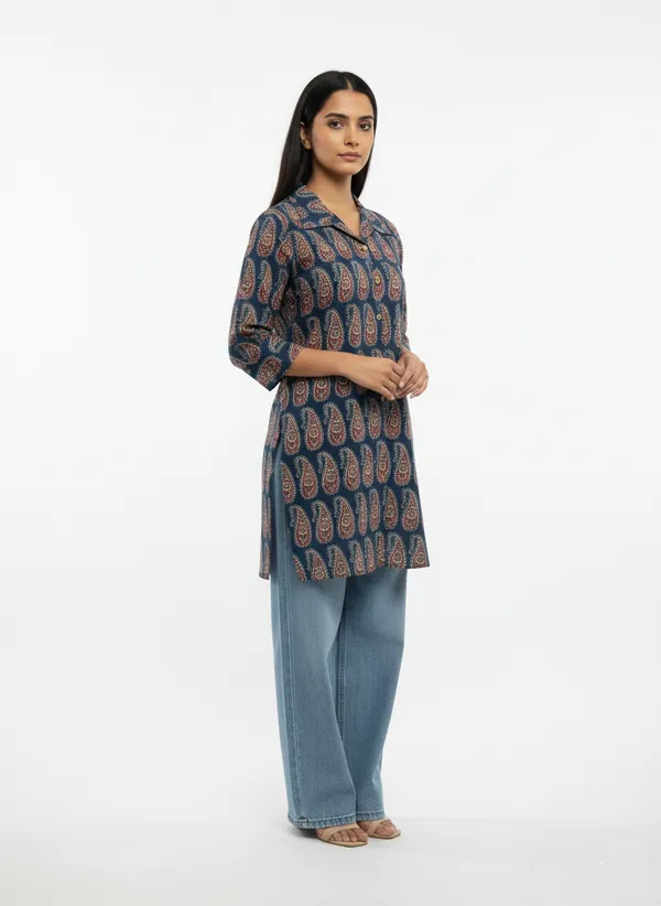 Indigo_Printed_Short_Kuti_With_Collar