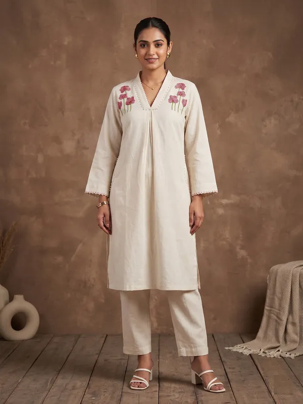 Beige_flex_cotton_A-line_kurta_with_embroidery