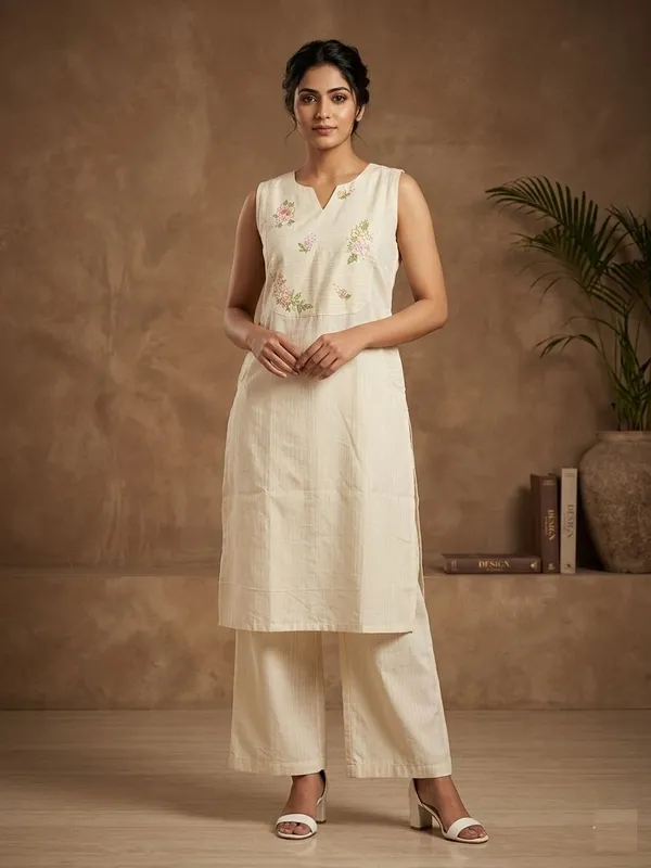 Beige_self_cotton_hand_embroderied_yoke_kurta