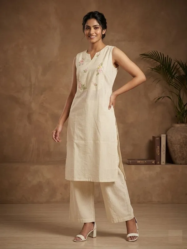 Beige_self_cotton_hand_embroderied_yoke_kurta