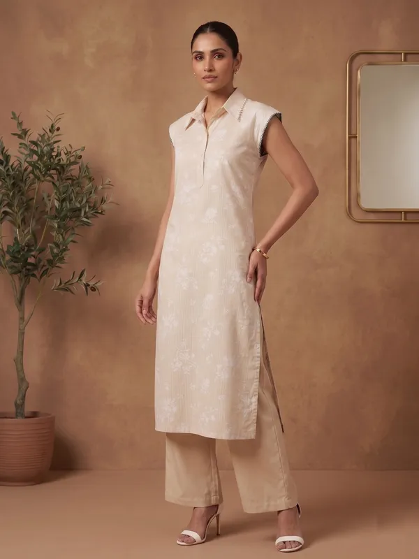 Beige_self_cotton_sleeveless_straight_kurta
