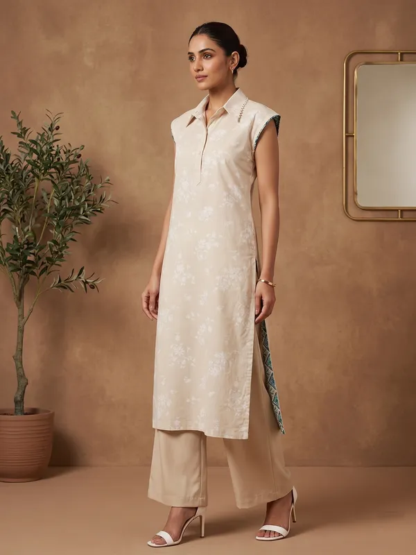 Beige_self_cotton_sleeveless_straight_kurta