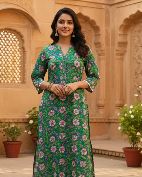 Emerald_Green_Floral_Print_Cotton_Slit_Kurta