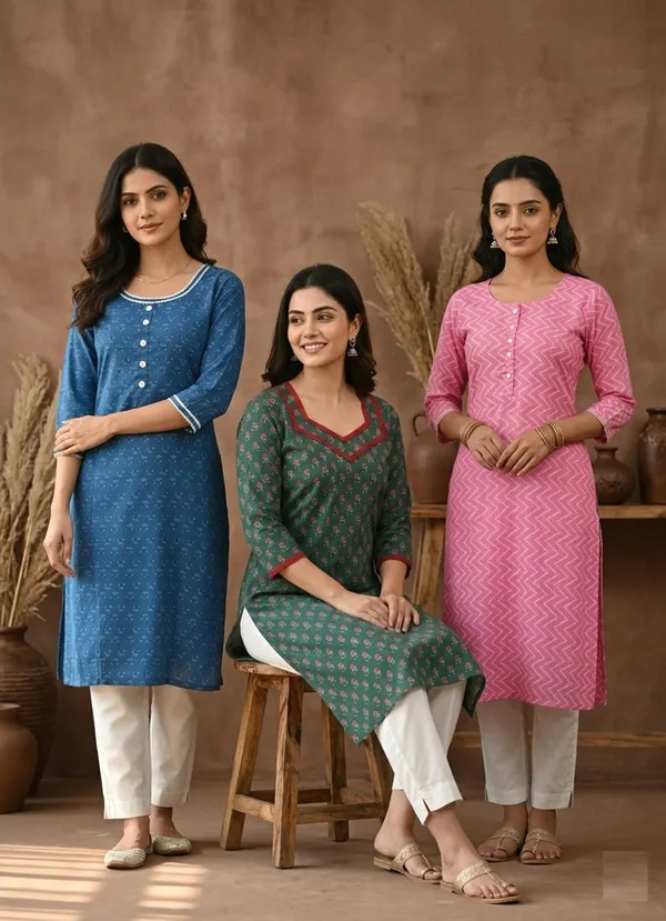 Womens_Cotton_Printed_Kurta_Combo_-_Pack_Of_3_(Blue,_Pink_&_Green)