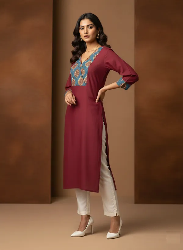 Marroon_Straight_Kurta_With_Printed_Yoke
