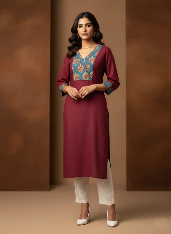 Marroon_Straight_Kurta_With_Printed_Yoke