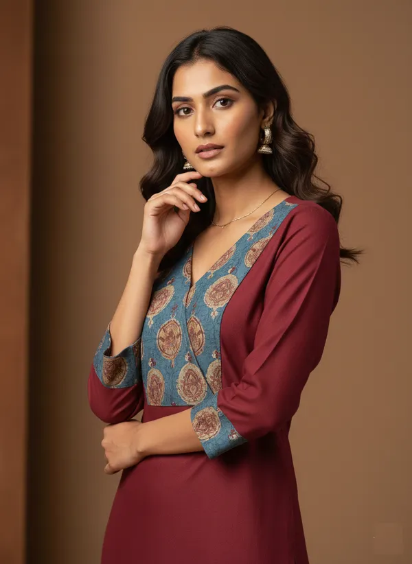 Marroon_Straight_Kurta_With_Printed_Yoke