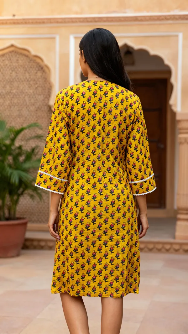 Mustard_Block_Print_Cotton_Kurta