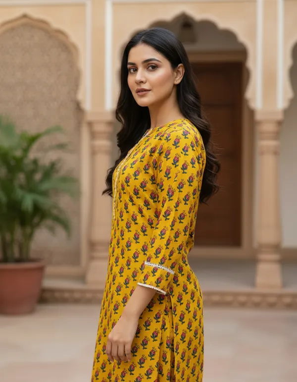 Mustard_Block_Print_Cotton_Kurta