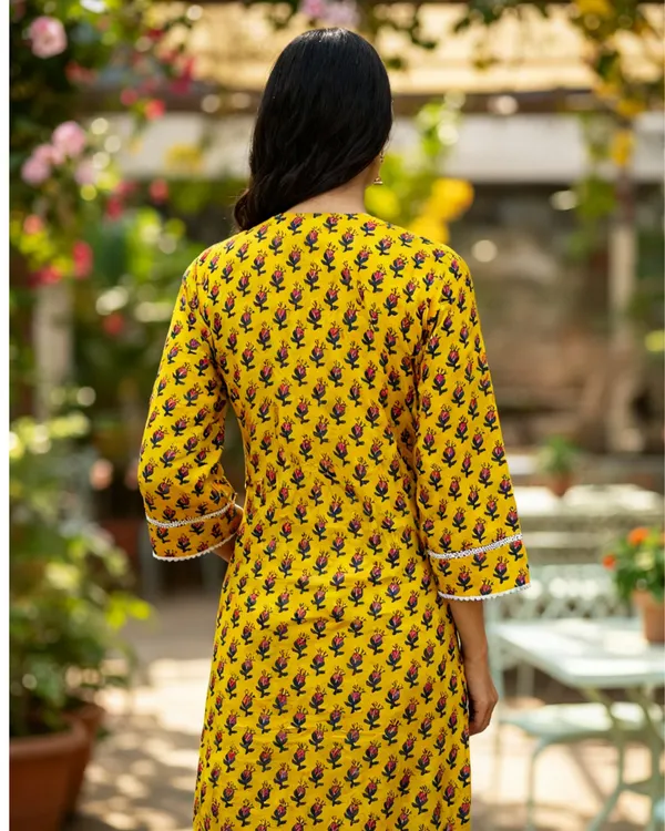 Mustard_Block_Print_Cotton_Kurta