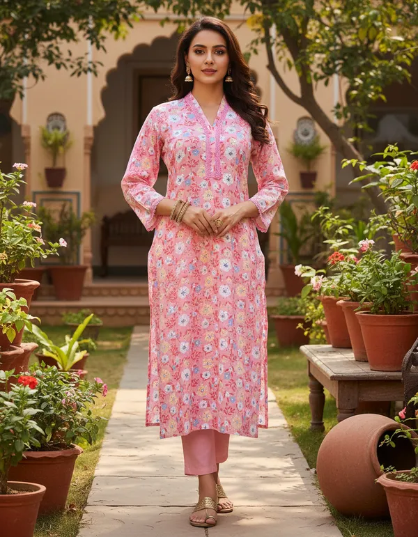 Blush_Pink_Floral_Printed_Cotton_V-Neck_Kurta