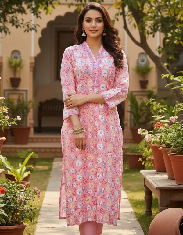 Blush_Pink_Floral_Printed_Cotton_V-Neck_Kurta