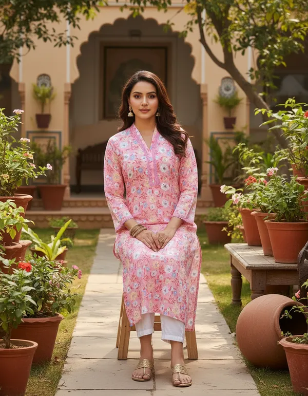 Blush_Pink_Floral_Printed_Cotton_V-Neck_Kurta