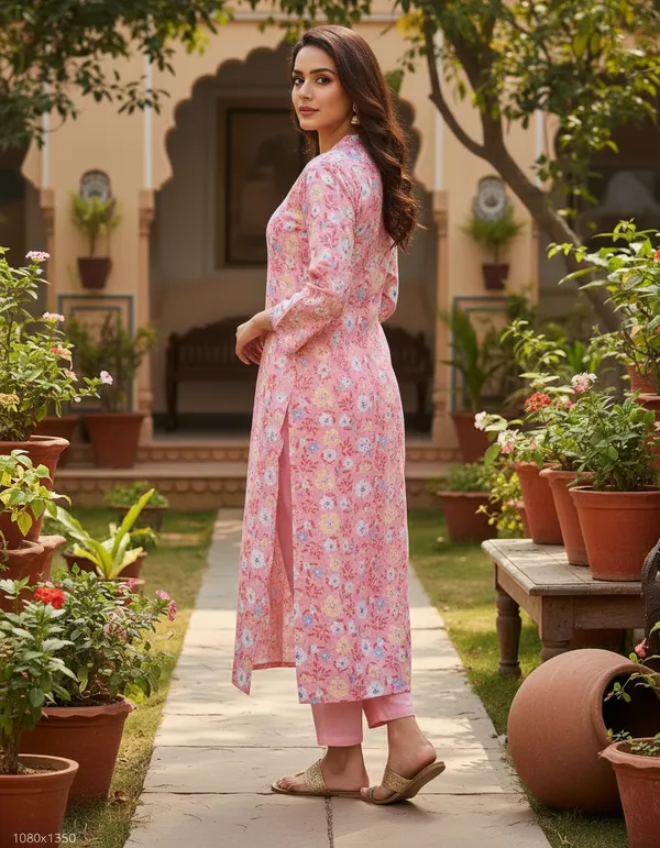 Blush_Pink_Floral_Printed_Cotton_V-Neck_Kurta