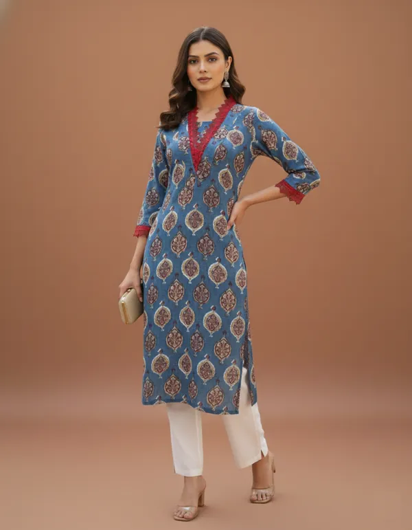 Indigo_Blue_Block_Print_Kurta_With_Wine_Lace_Detail