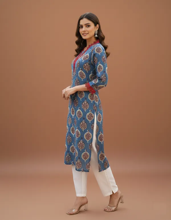 Indigo_Blue_Block_Print_Kurta_With_Wine_Lace_Detail