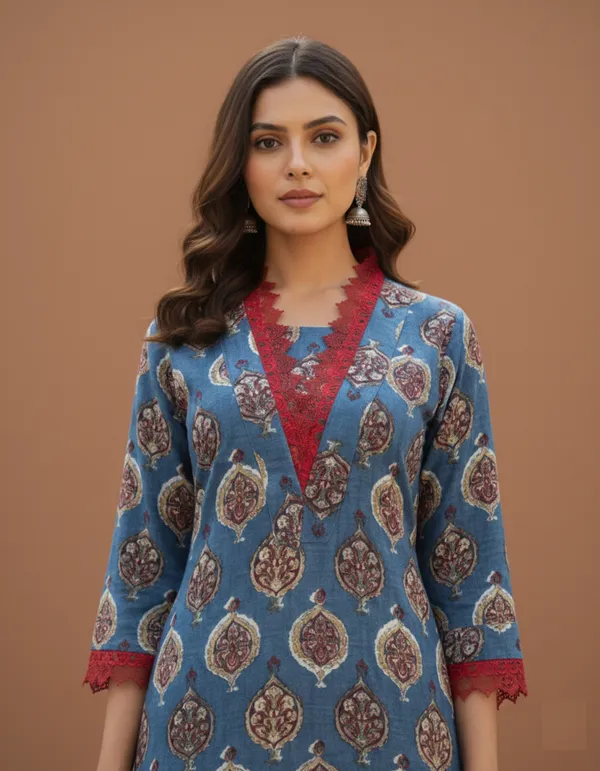 Indigo_Blue_Block_Print_Kurta_With_Wine_Lace_Detail
