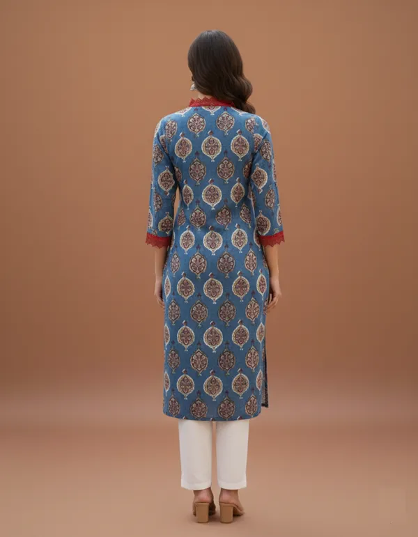 Indigo_Blue_Block_Print_Kurta_With_Wine_Lace_Detail