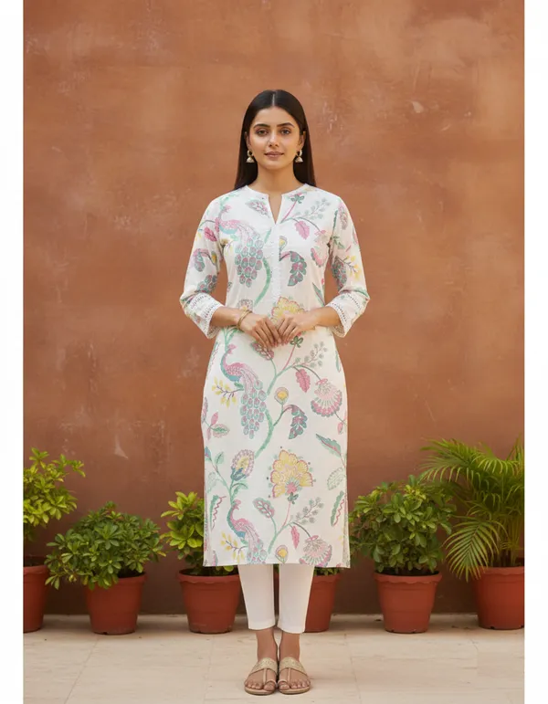 White_Floral_Block_Print_Cotton_Slit-Neck_Kurta
