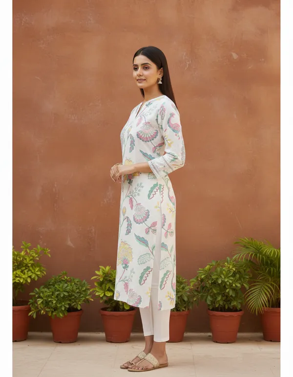 White_Floral_Block_Print_Cotton_Slit-Neck_Kurta