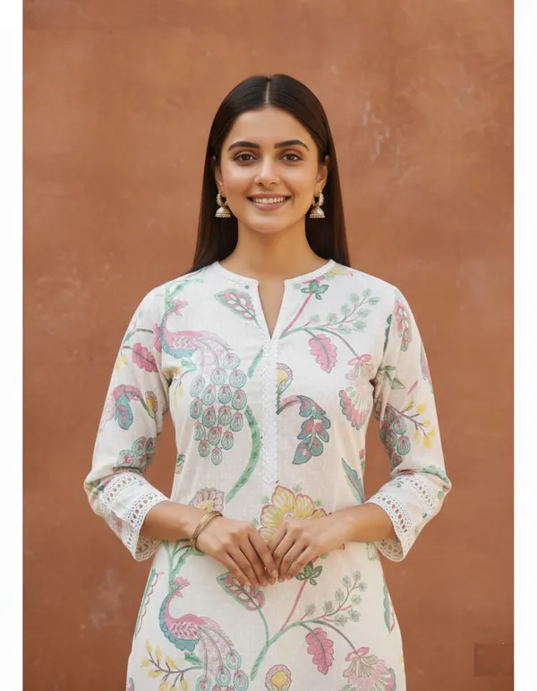 White_Floral_Block_Print_Cotton_Slit-Neck_Kurta