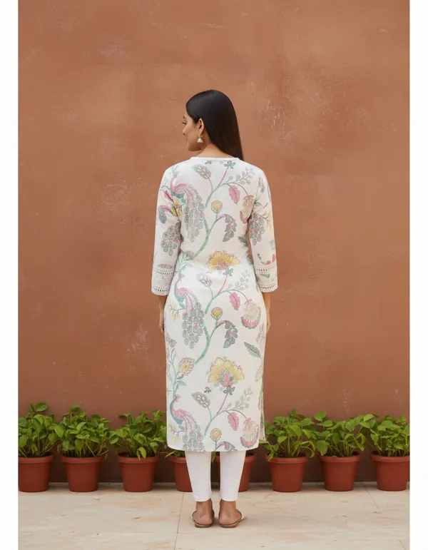 White_Floral_Block_Print_Cotton_Slit-Neck_Kurta
