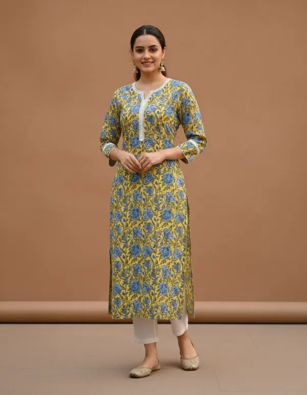 Mustard_Yellow_Floral_Block_Print_Cotton_Kurta