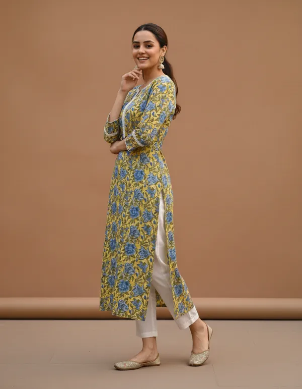 Mustard_Yellow_Floral_Block_Print_Cotton_Kurta