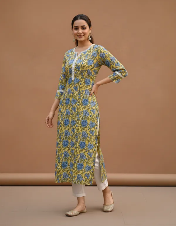 Mustard_Yellow_Floral_Block_Print_Cotton_Kurta