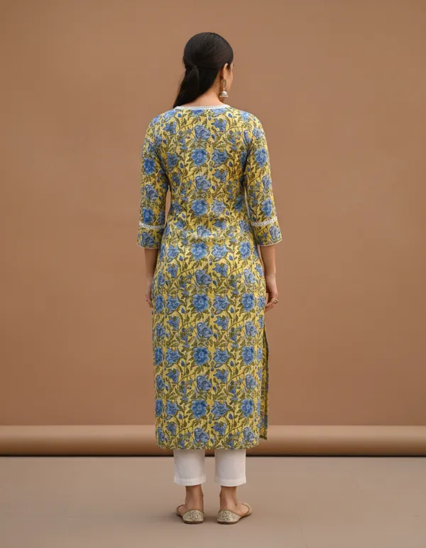 Mustard_Yellow_Floral_Block_Print_Cotton_Kurta
