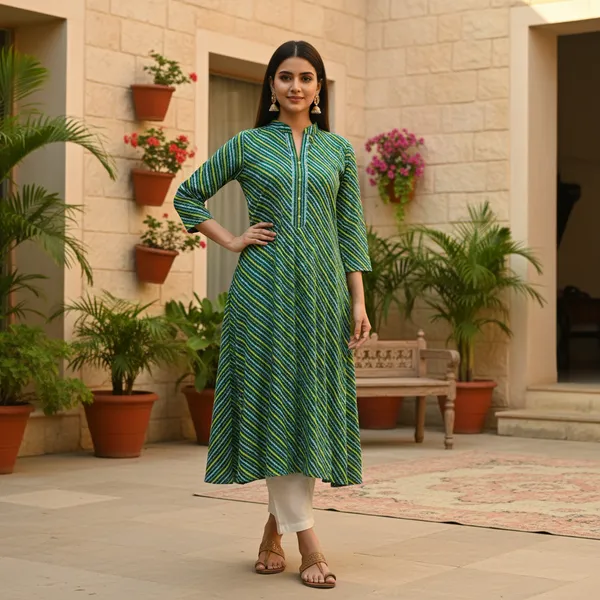 Green_&_Blue_Leheriya_Cotton_A-Line_Kurta
