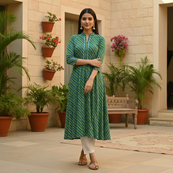 Green_&_Blue_Leheriya_Cotton_A-Line_Kurta