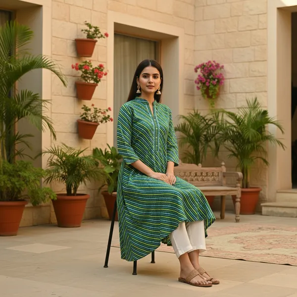 Green_&_Blue_Leheriya_Cotton_A-Line_Kurta