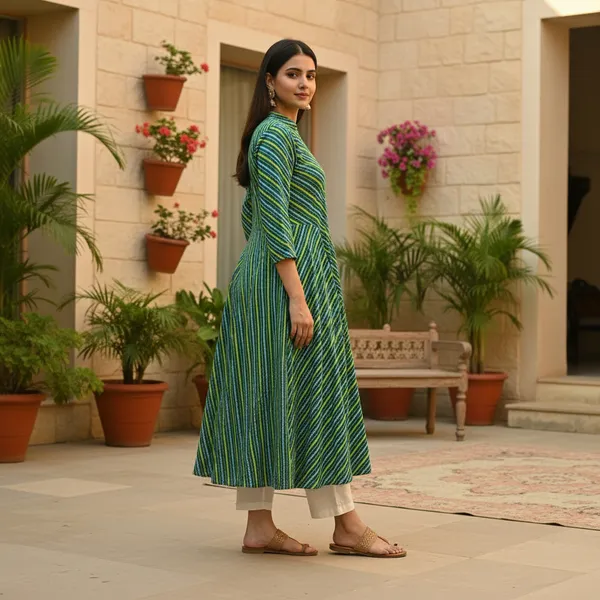 Green_&_Blue_Leheriya_Cotton_A-Line_Kurta