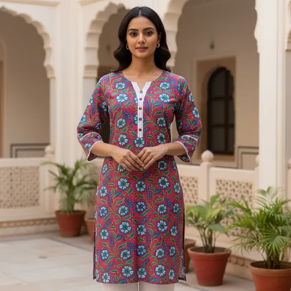 Vibrant_Pink_Floral_Block_Print_Cotton_Kurta