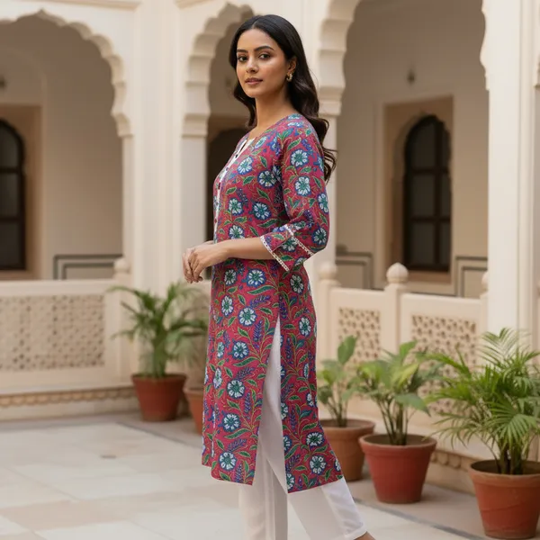 Vibrant_Pink_Floral_Block_Print_Cotton_Kurta