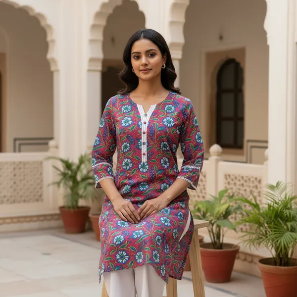Vibrant_Pink_Floral_Block_Print_Cotton_Kurta
