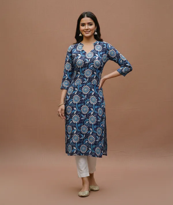Indigo_Floral_Print_Cotton_V-Neck_Kurta