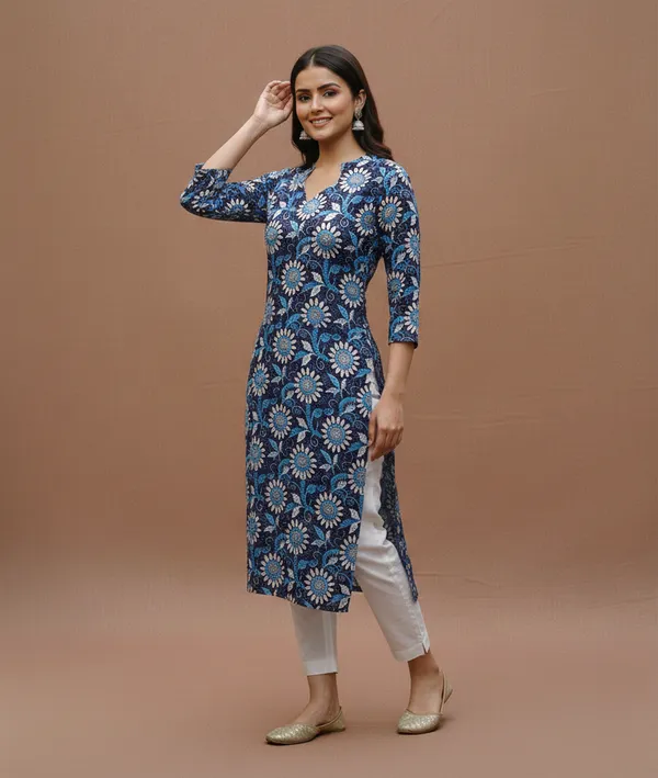 Indigo_Floral_Print_Cotton_V-Neck_Kurta