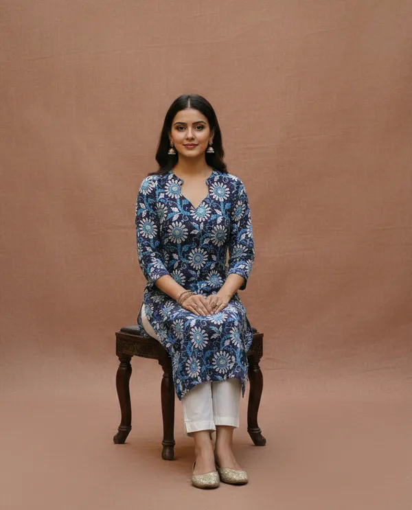 Indigo_Floral_Print_Cotton_V-Neck_Kurta
