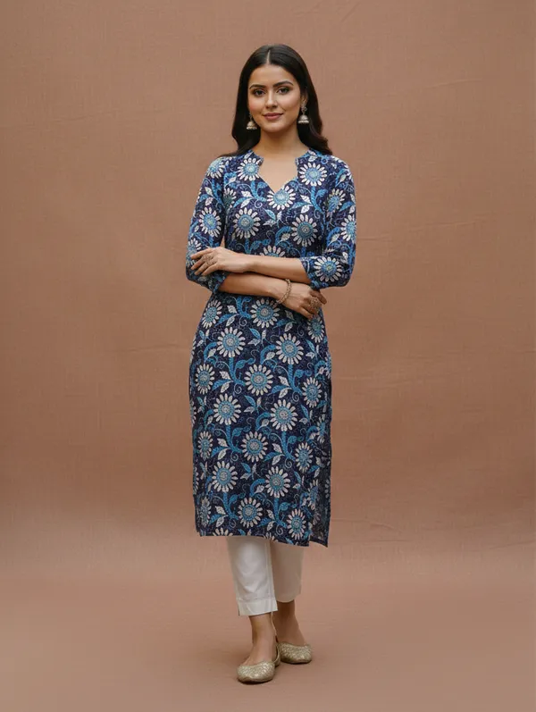 Indigo_Floral_Print_Cotton_V-Neck_Kurta
