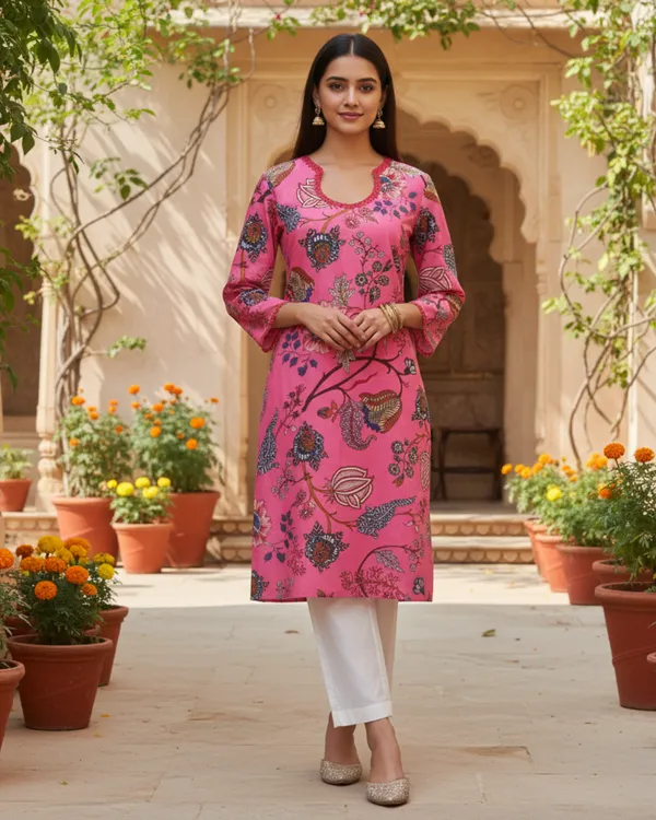 Vibrant_Pink_Floral_Block_Print_Cotton_Kurta