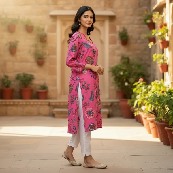 Vibrant_Pink_Floral_Block_Print_Cotton_Kurta