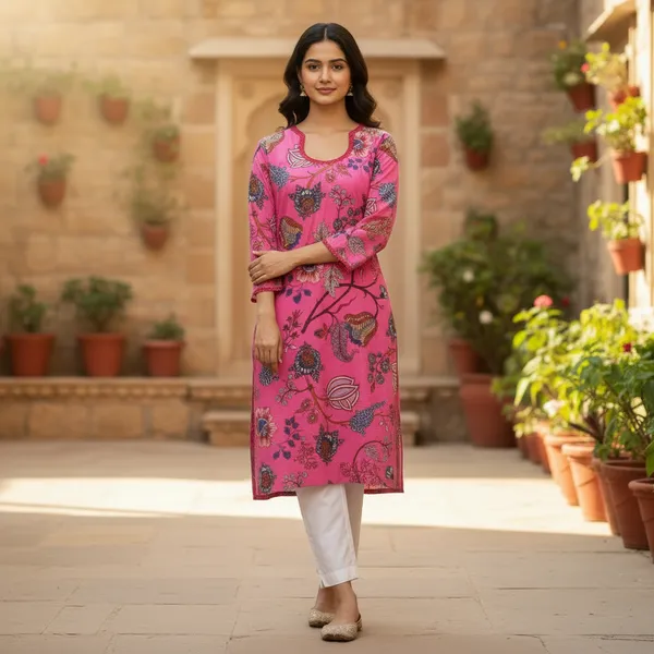 Vibrant_Pink_Floral_Block_Print_Cotton_Kurta