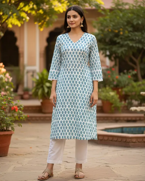 Aqua_Block_Print_Cotton_V-Neck_Kurta
