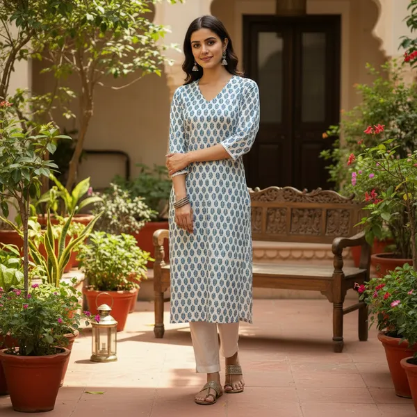 Aqua_Block_Print_Cotton_V-Neck_Kurta