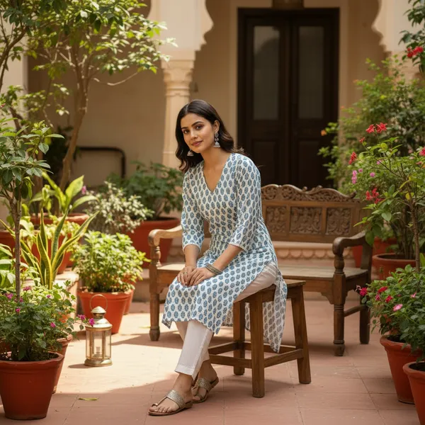 Aqua_Block_Print_Cotton_V-Neck_Kurta